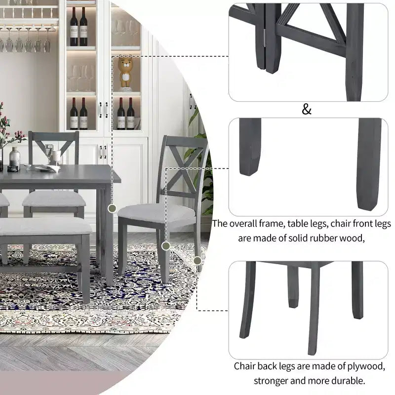 Set da pranzo pieghevole Espresso/Grigio per 6, stile a X, 6 pezzi